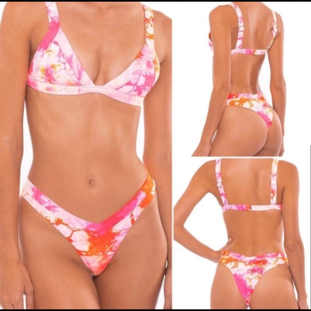 Pink & White Tie Dye Cheeky Thong Bikini Set